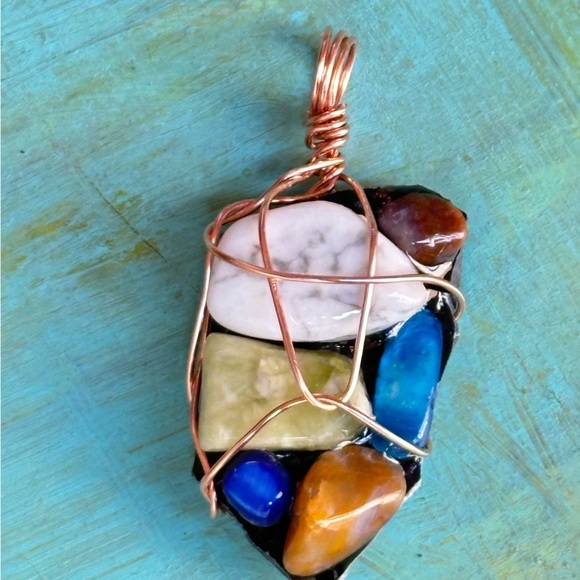 Necklace Pendant, Handmade assemblage Wire Wrapped real Stones Resin Set 4300 G - Picture 7 of 11